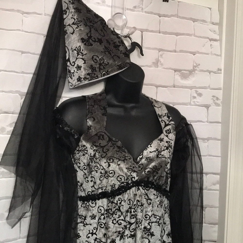 Women’s silver and black full dress costume.